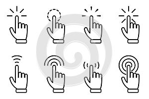 Pointer hand click icon set. Website clicking cursor, finger arrows with click effect. Web interface and computer icons. Vector
